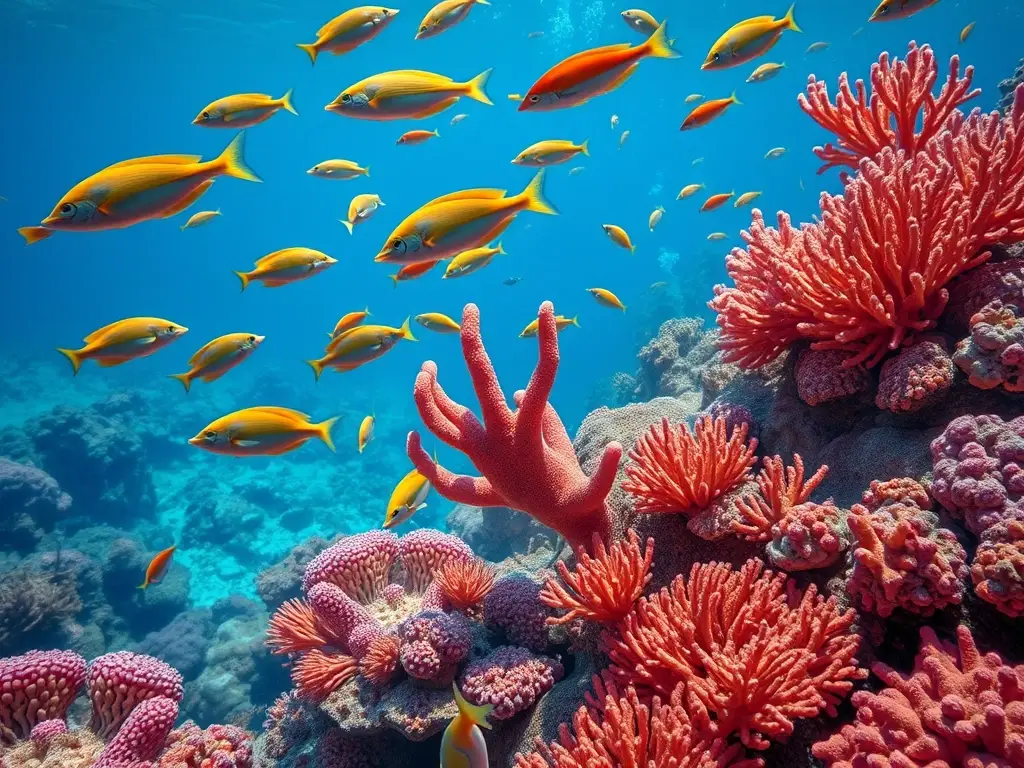 Imagen realista de arrecife coralino rojo con vida marina vibrante
