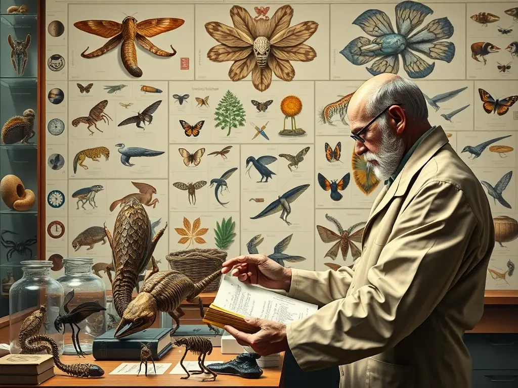Un retrato preciso de un naturalista clasificando especímenes del reino animal, con estilo especializado