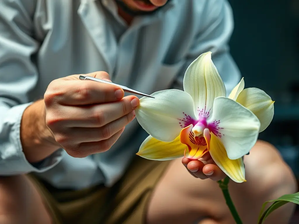 Fotografía de un viajero exitoso estudiando una flor