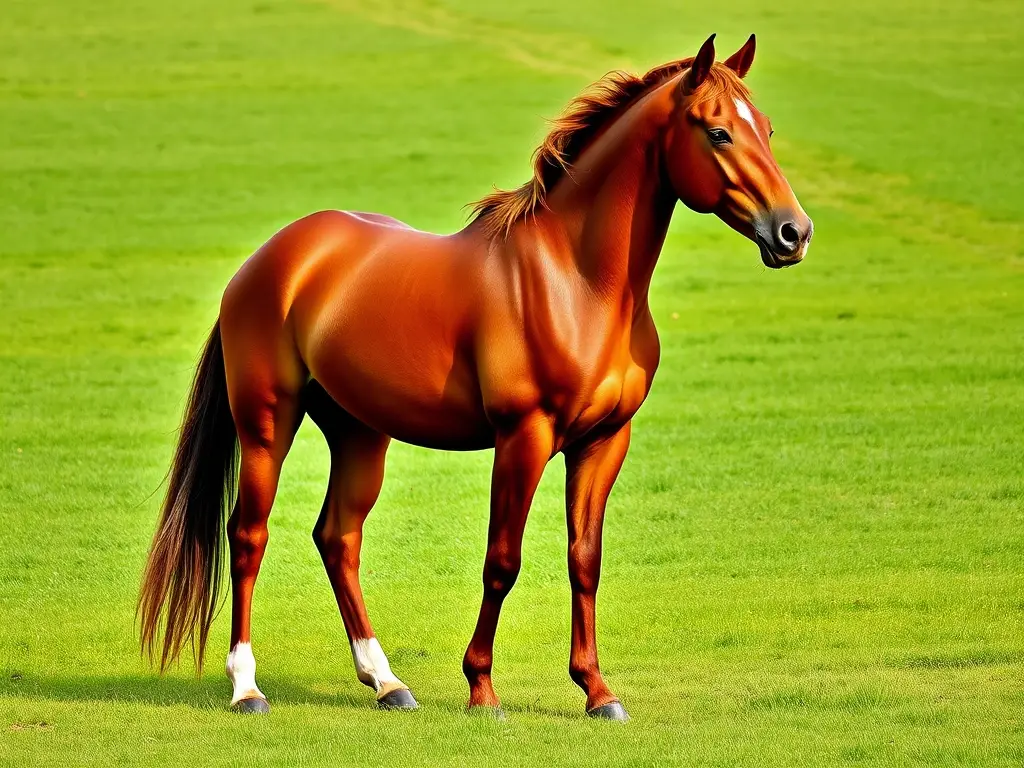 Imagen realística y de alta resolución de un caballo destreux castano en un prado verde