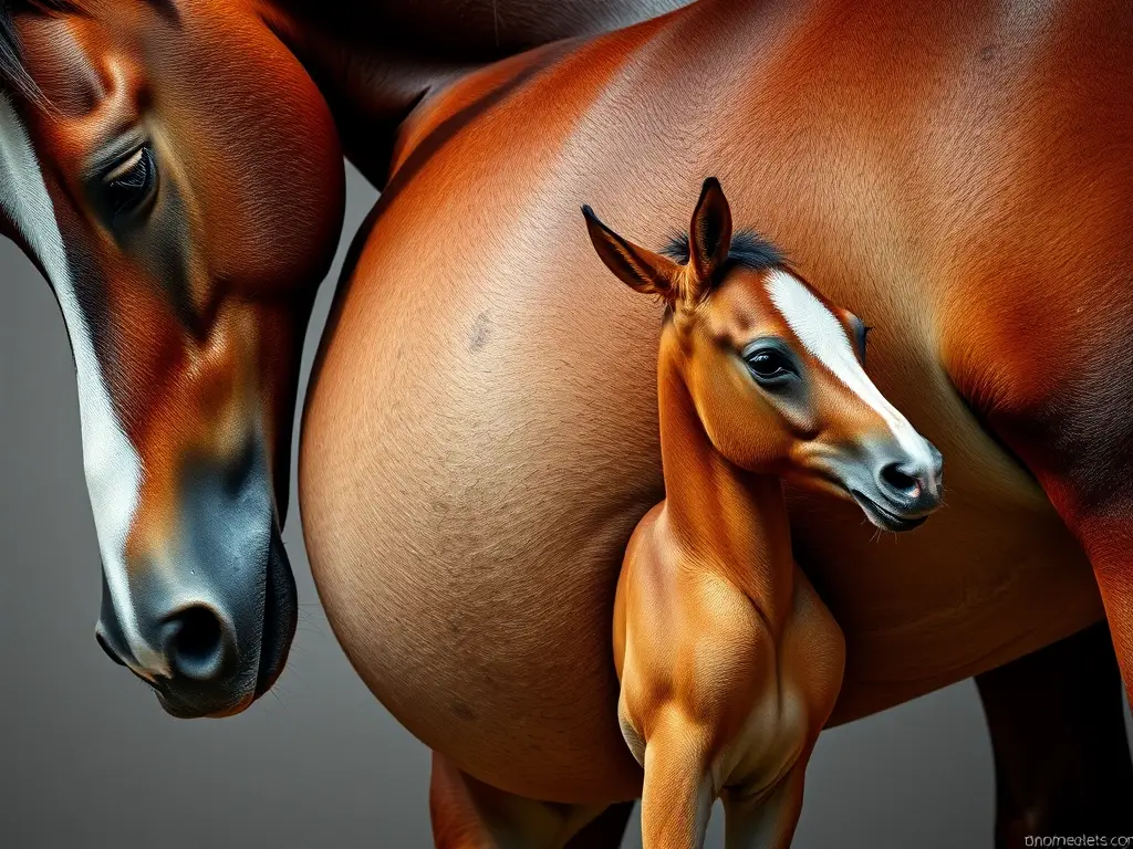 Fotografía realista de madre y foal de caballos en proceso de parto