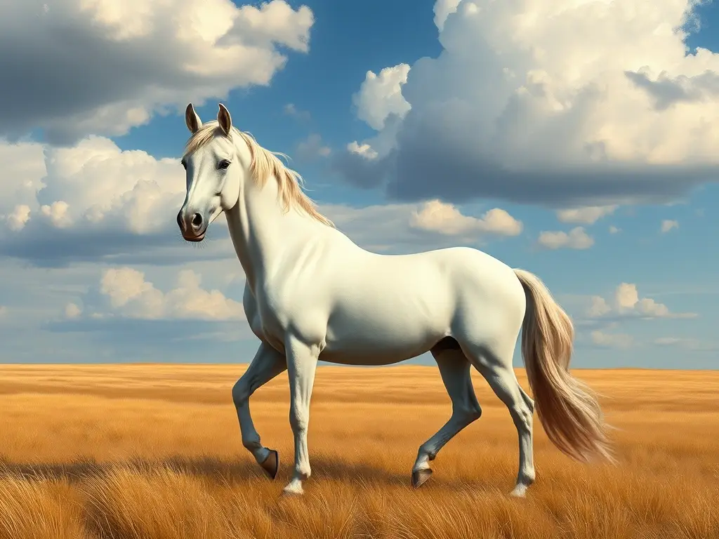 pintura de caballo blanco en una llanura, altamente detallada y realística
