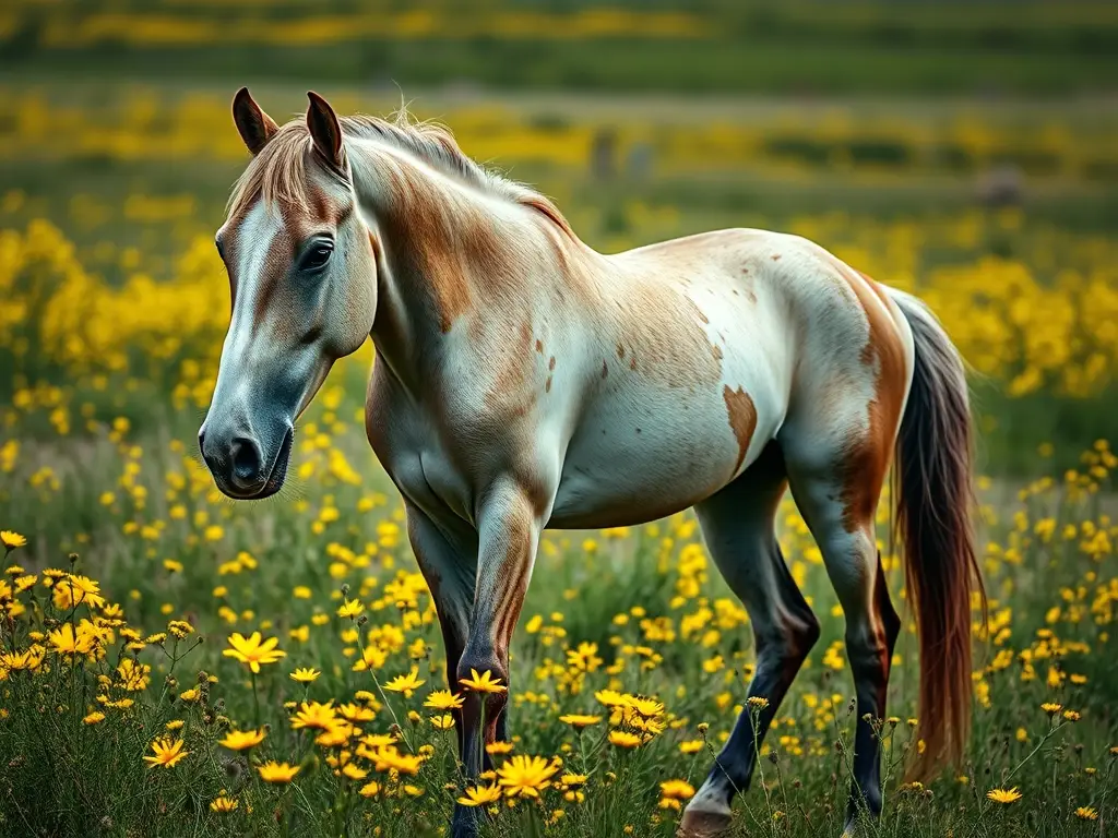 Photorealistic image of a proud horse in a field of wildflowers