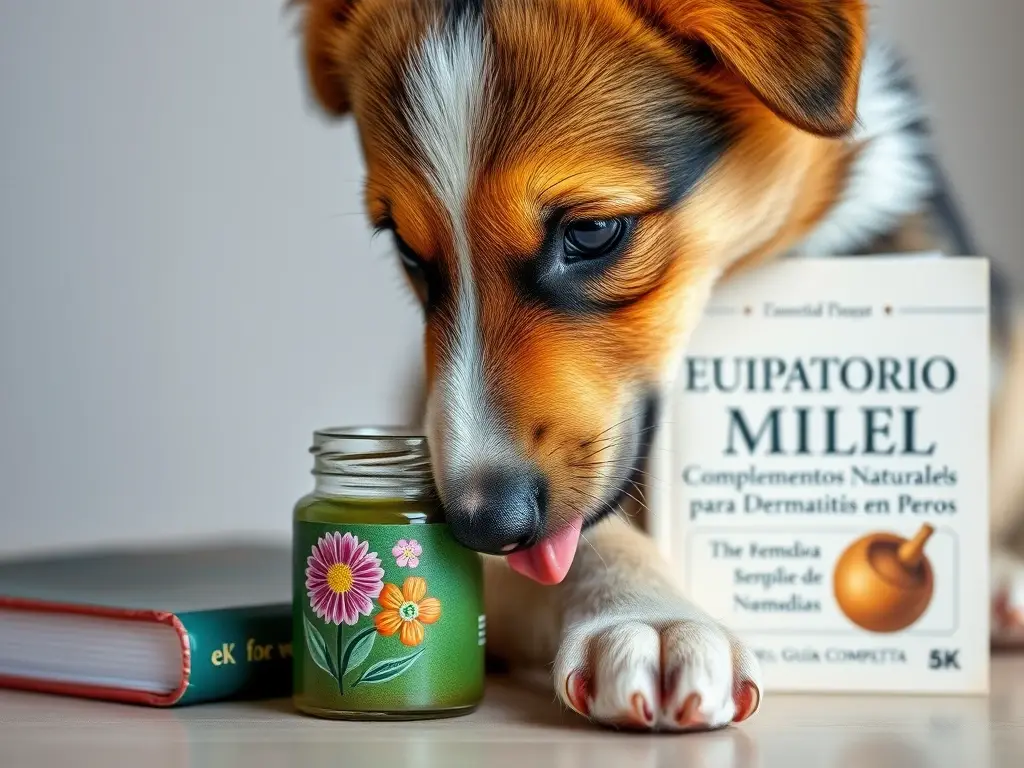 Foto de un perro pastor alemán con una jarra de flores y un libro de cuidado de piel