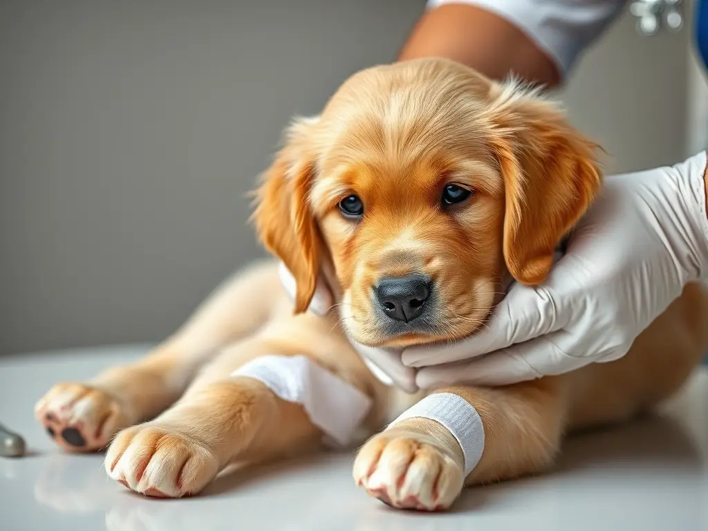 Imagen realista de un cachorro Retriever dorado con atención médica