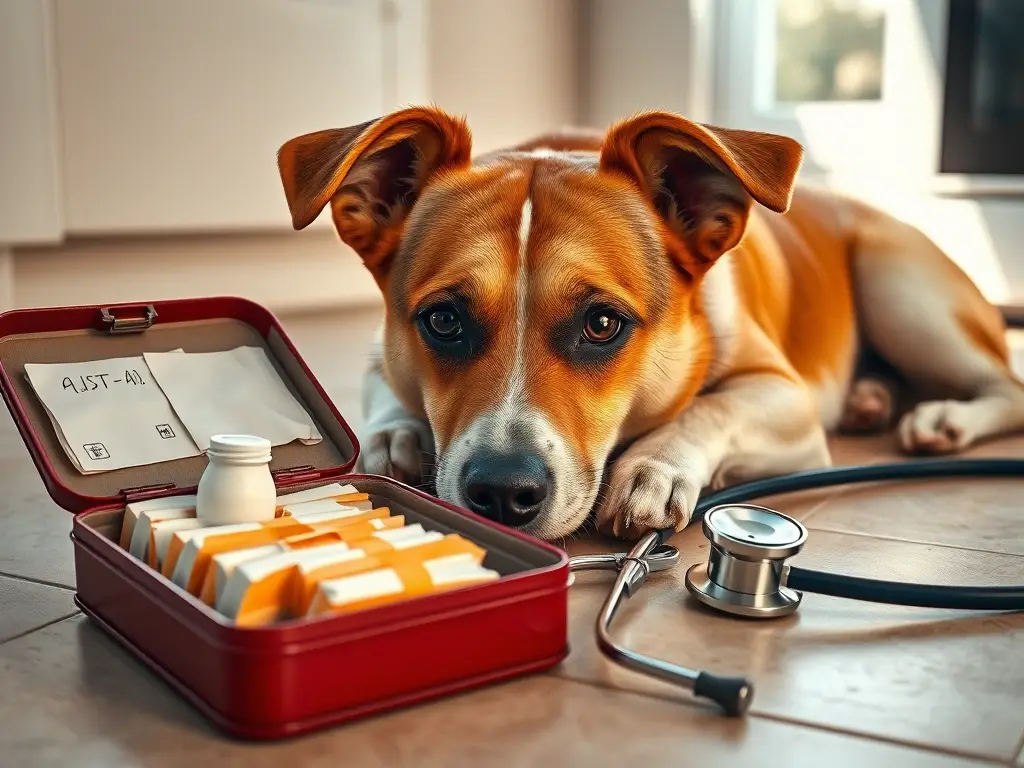 Perro angustiado junto a botiquín en cocina