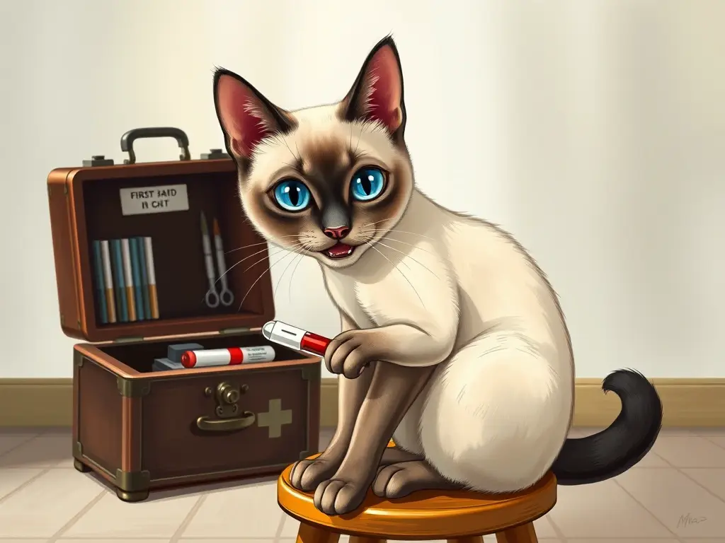 Ilustración realista de gato siamés observando un análisis de sangre