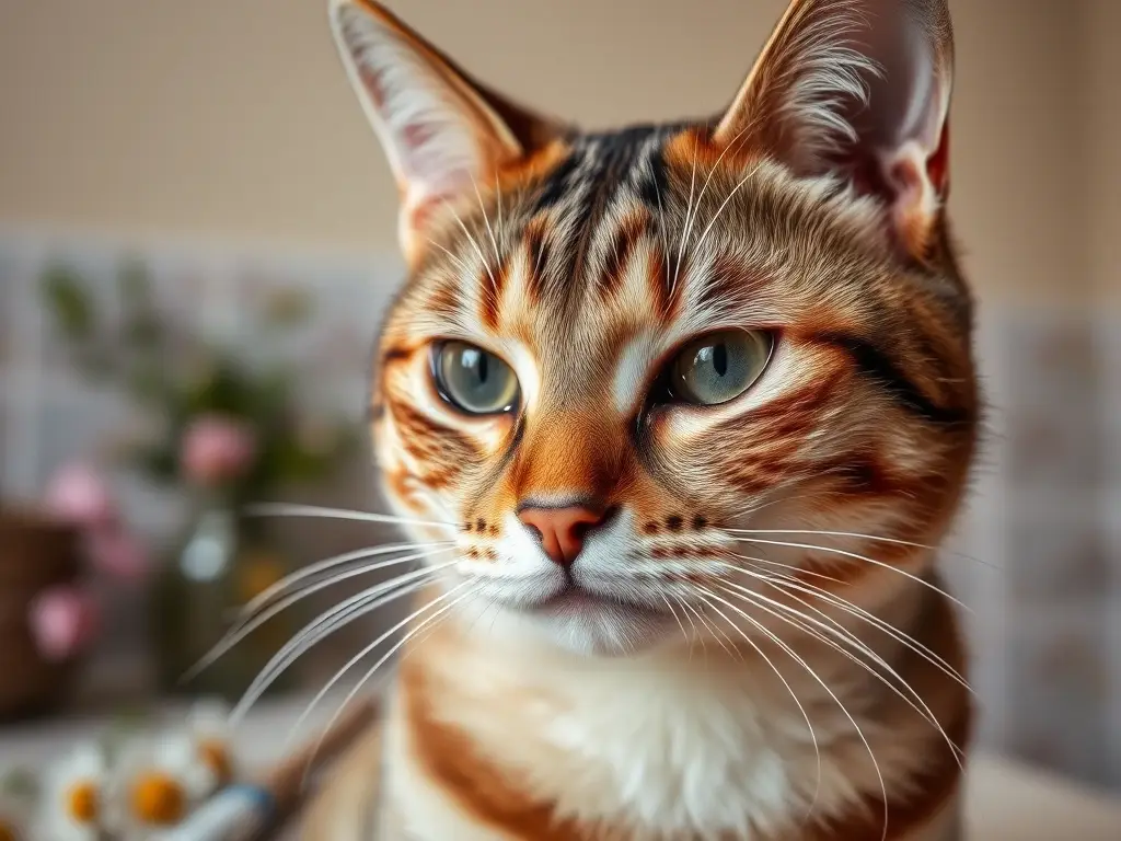Gato atigrado con ojo inflamado, mirada preocupada
