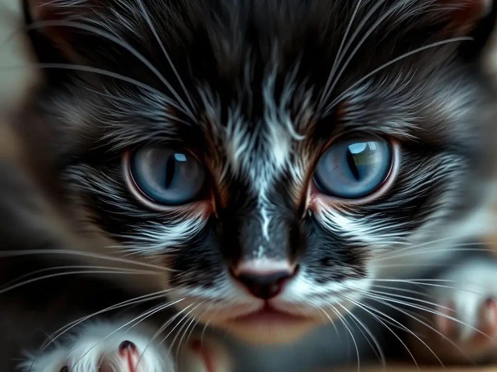 Fotorealista de ojos negros y blancos de un gato con una expresión de angustia existencial