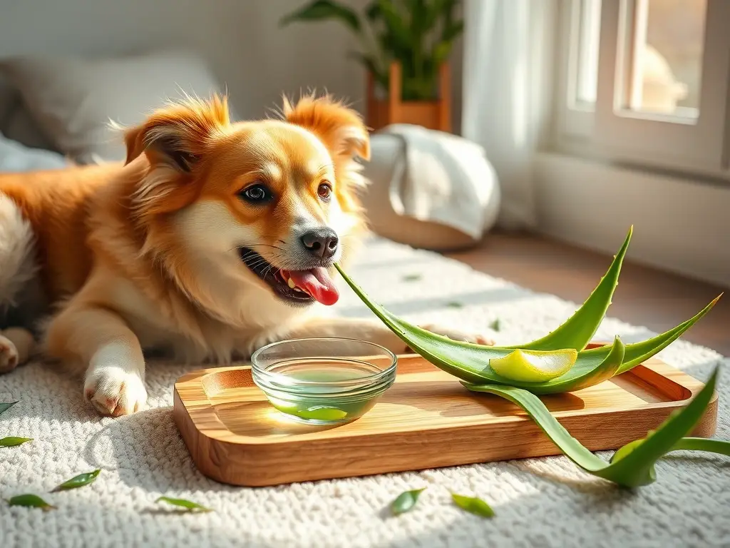 Perro feliz descansa con aloe en casa