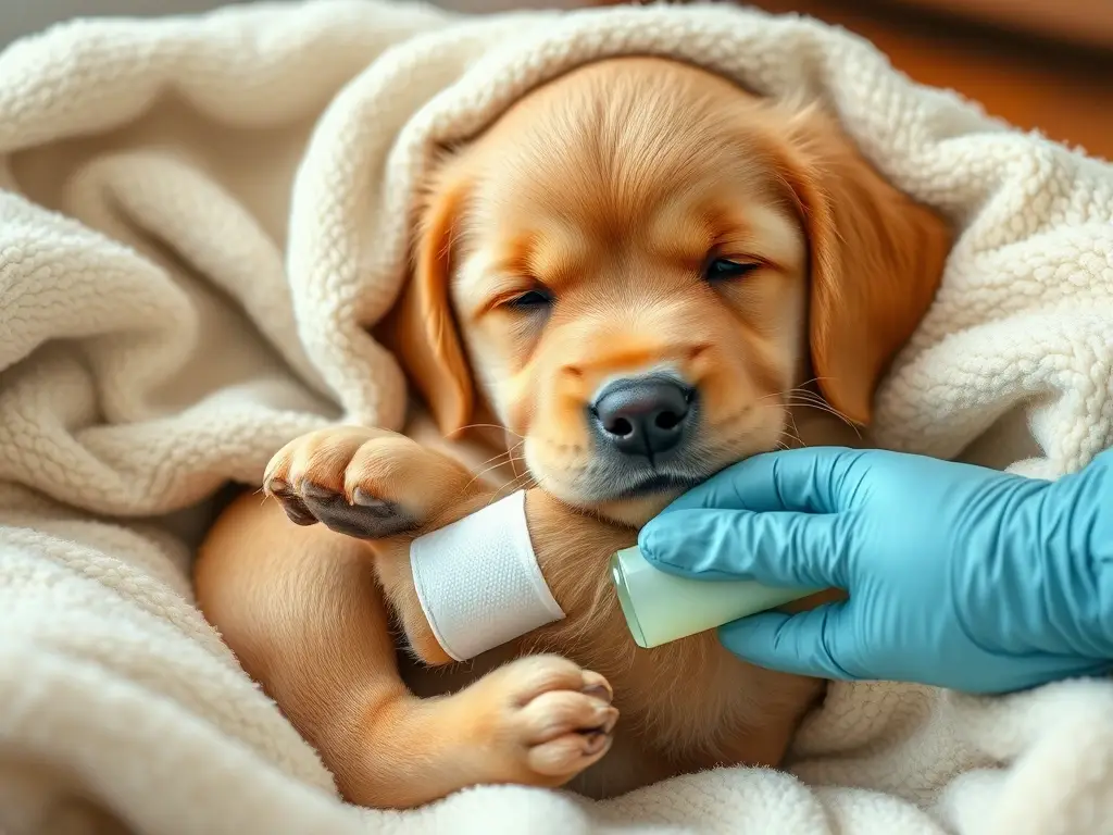 Imagen fotorealista de un cachorro Golden Retriever con vendaje, con aloe vera y expresión pacífica