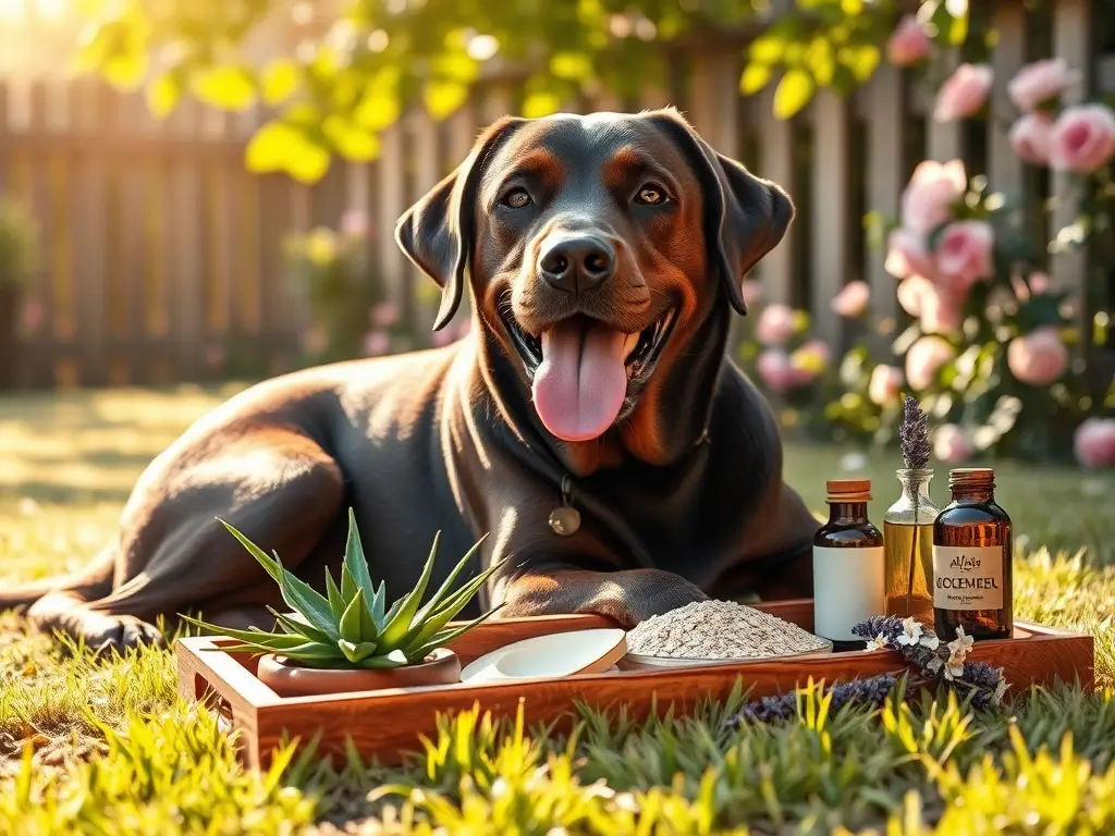 Perro feliz reposando con remedios naturales