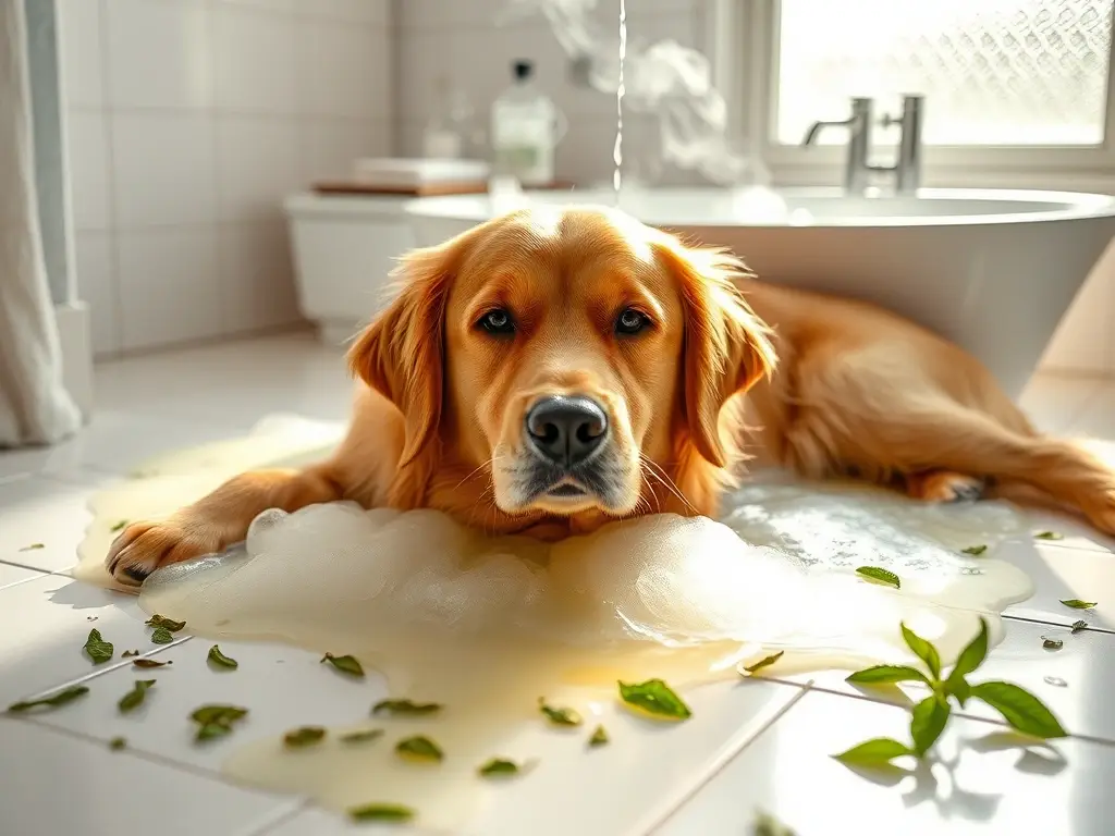 Perro dorado tranquilo en baño de té