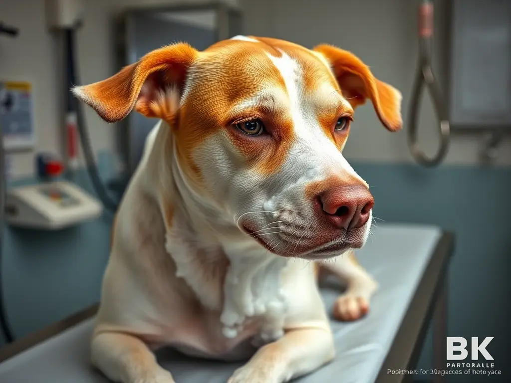Fotografía realista de un perro mixta vomitando con foma blanca, en una mesa veterinaria