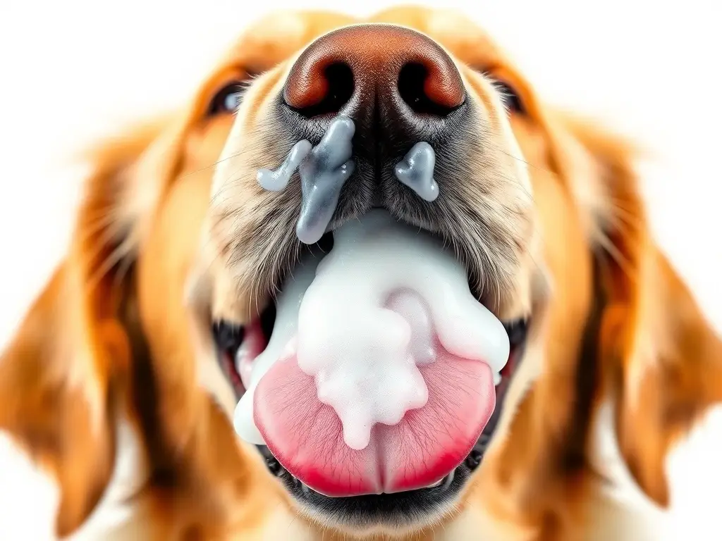 Fotografía realista de portada conGolden Retriever vomitando con espuma blanca