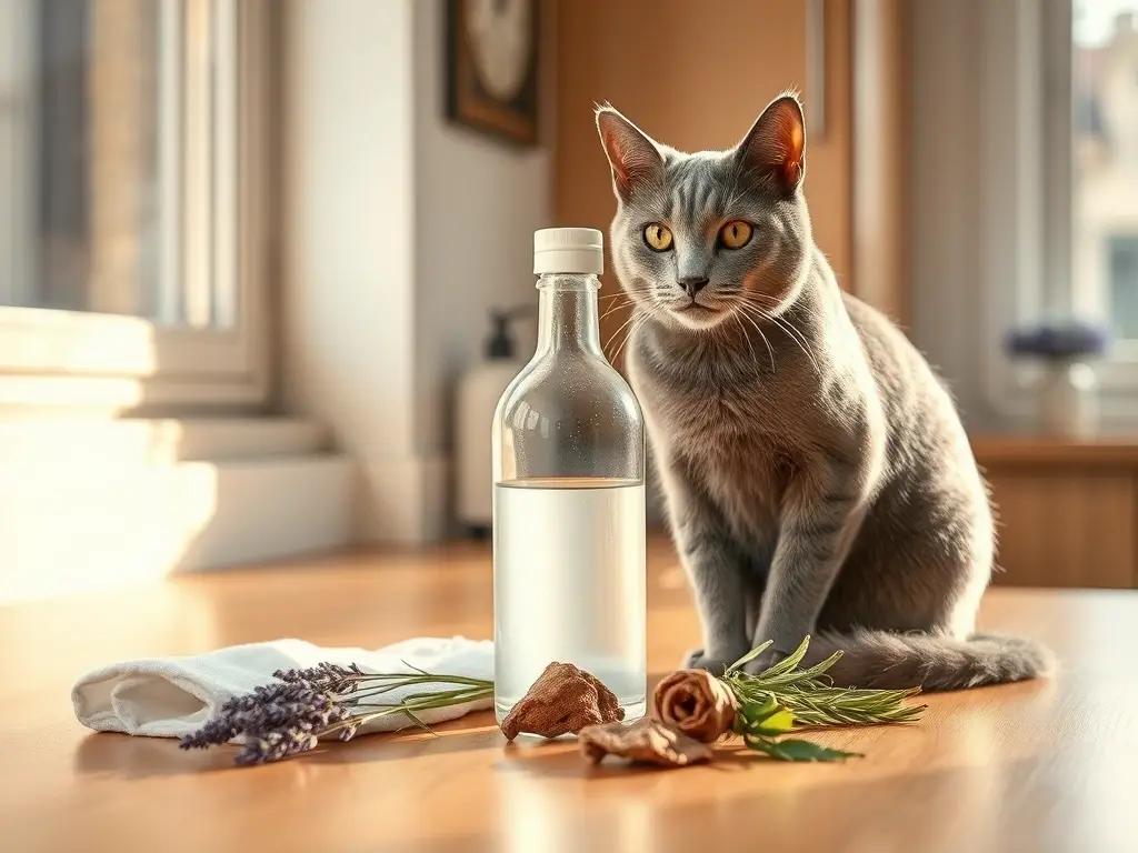 Gato gris en encimera junto a vinagre