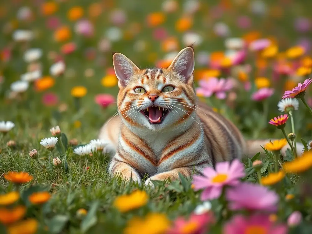 Imagen de un gato feliz en un campo de flores de alta resolución