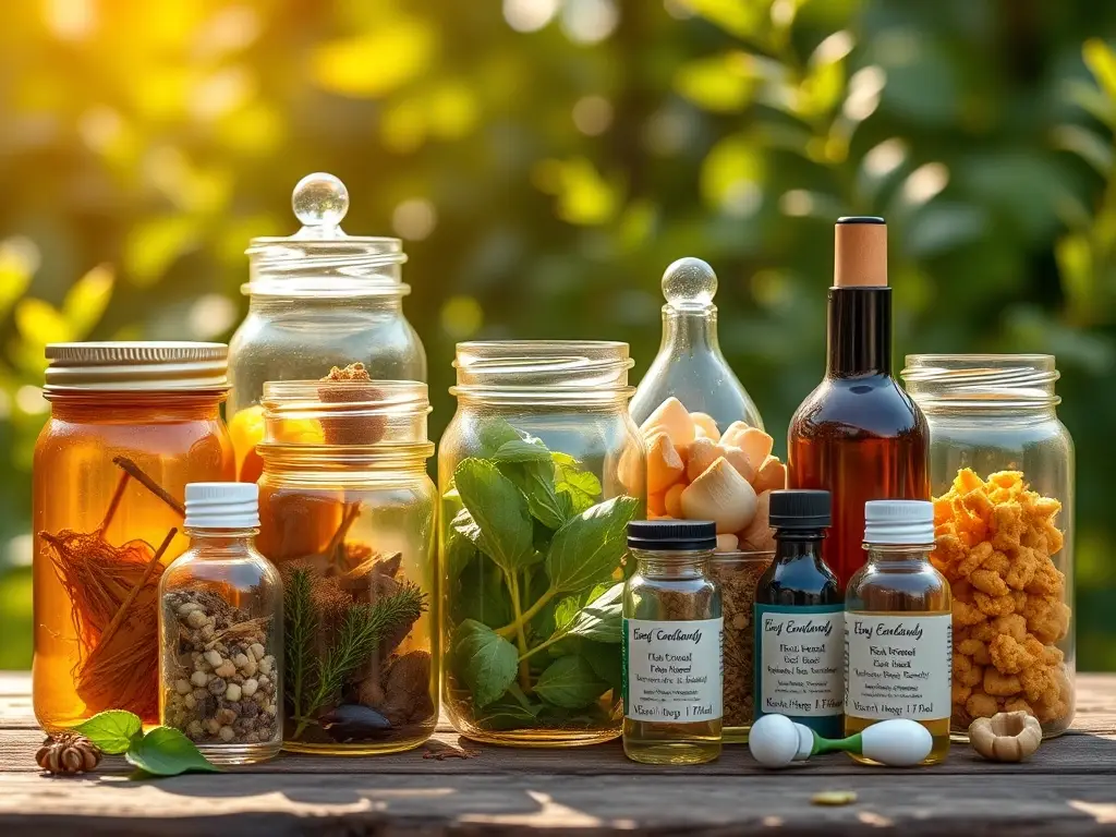 Fotografía realista de ocho frascos con ingredientes naturales para repelentes de parásitos