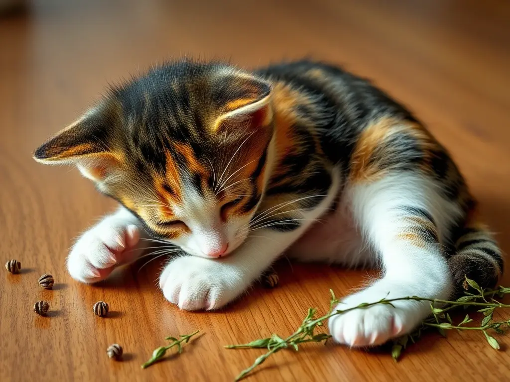 Imagen fotorealista de un gatito calico con un patrón de tabaquismo
