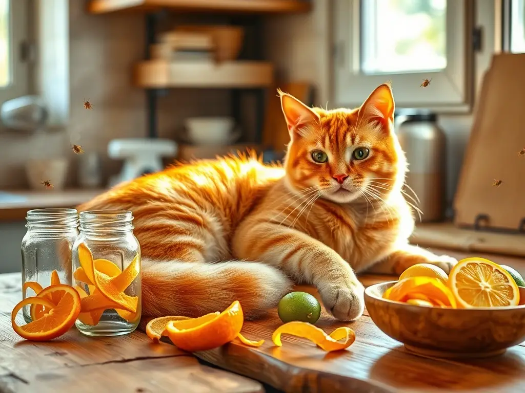Gato anaranjado relaja en cocina cítrica