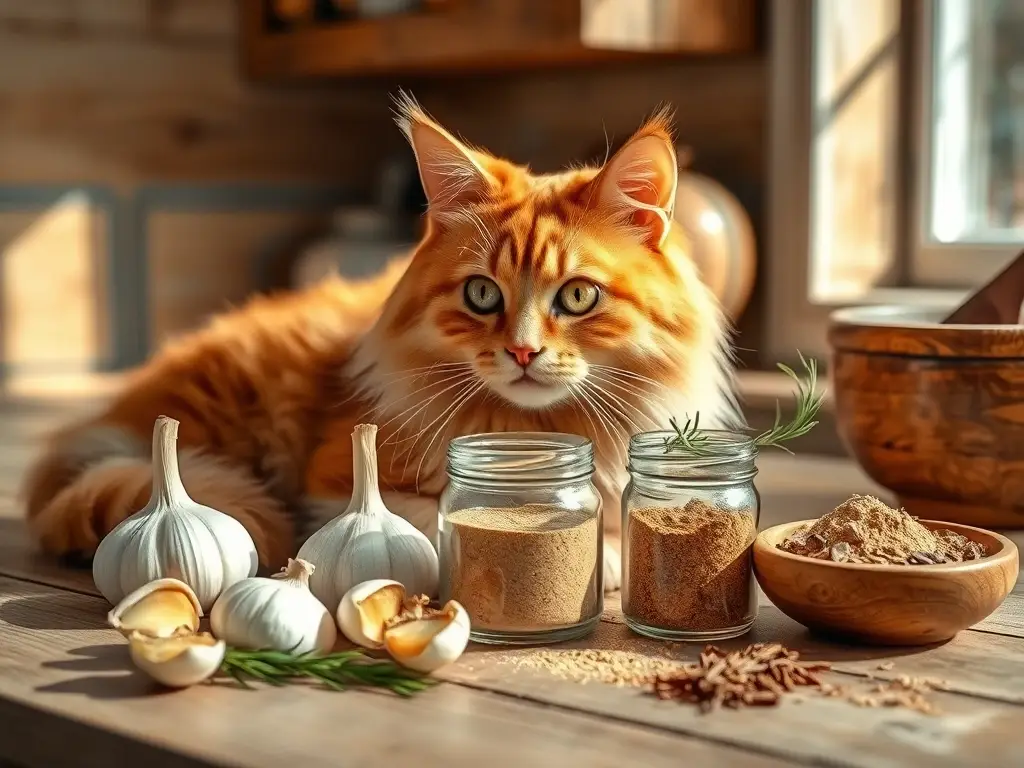 Gato naranja tranquilo en cocina con hierbas