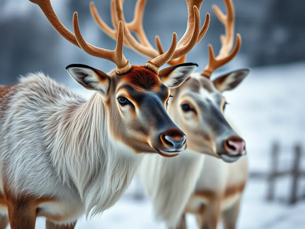 Foto realista de ciervos de color marrón y blanco, perfil, nieve, 8k, con enfoque nítido