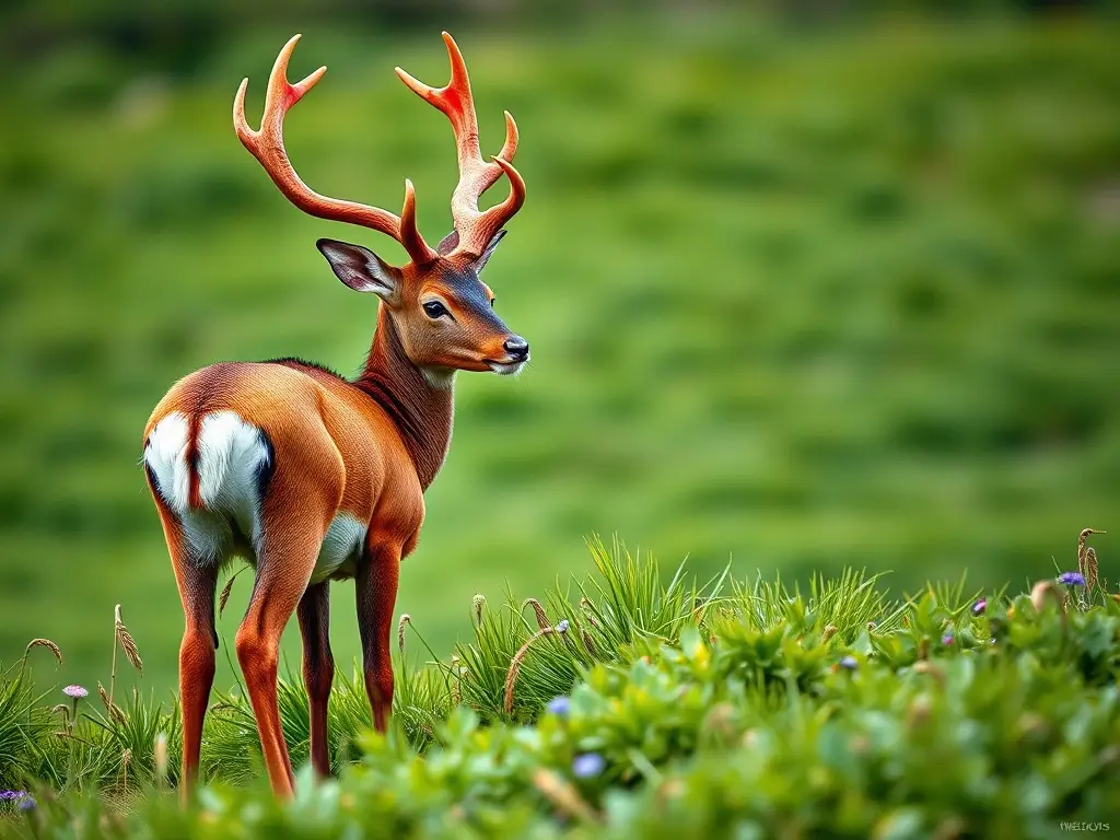 Fotografía realista de dos renos con antlers y cuerpos pequeños en un prado