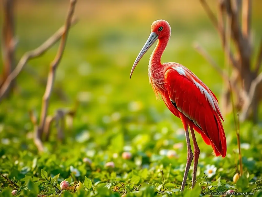 Fotografía real de un ibis rojo emplumado, con enfoque nítido