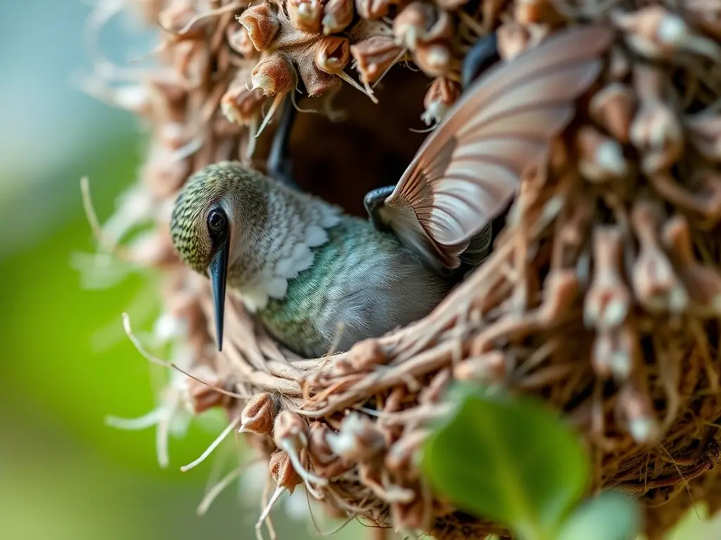 Imagen realista de un nido de colibrí, brillante y detallada