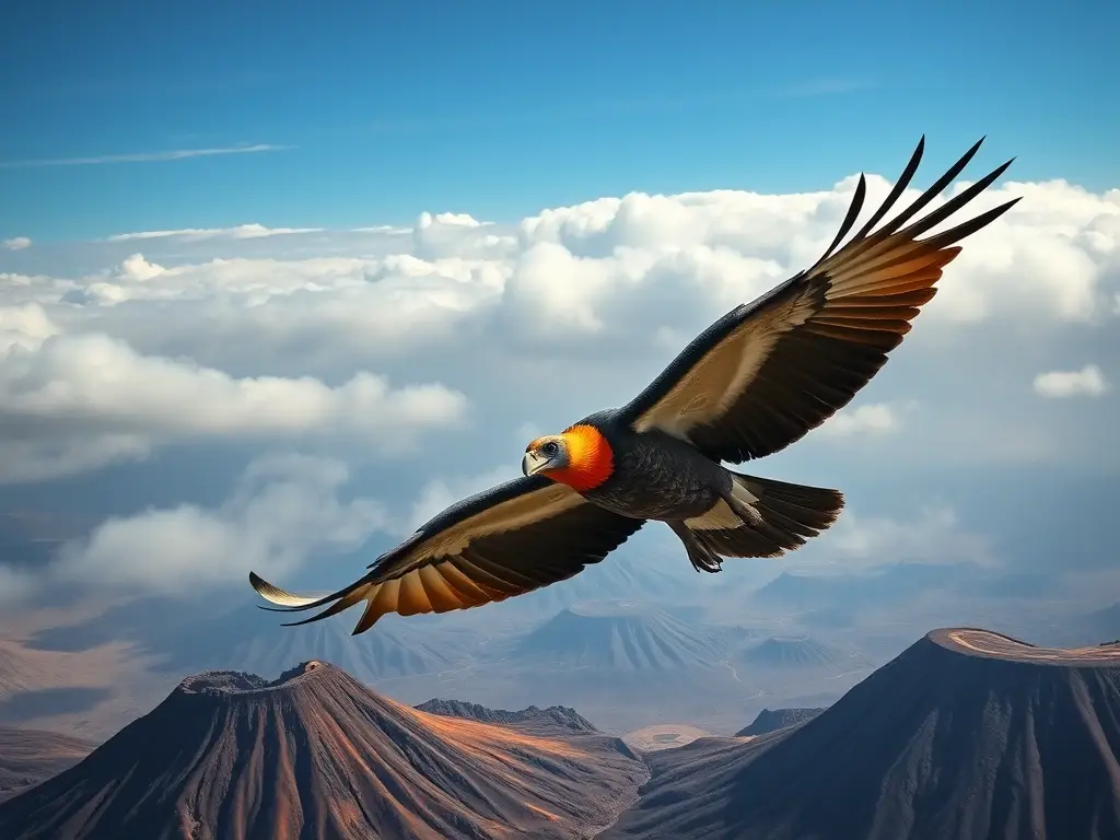 Fotografía realista de un condor andino en un paisaje volcánico mágico