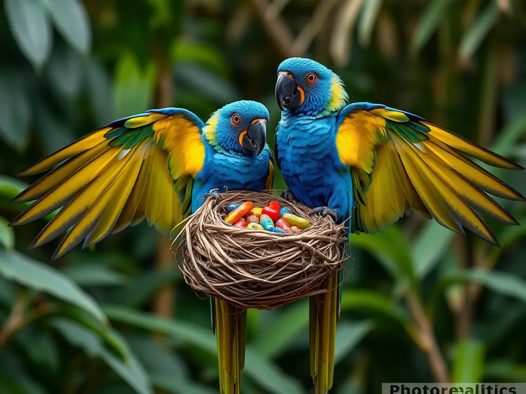 Imagen fotorealista de un par de macaws llevando un nido vibrante