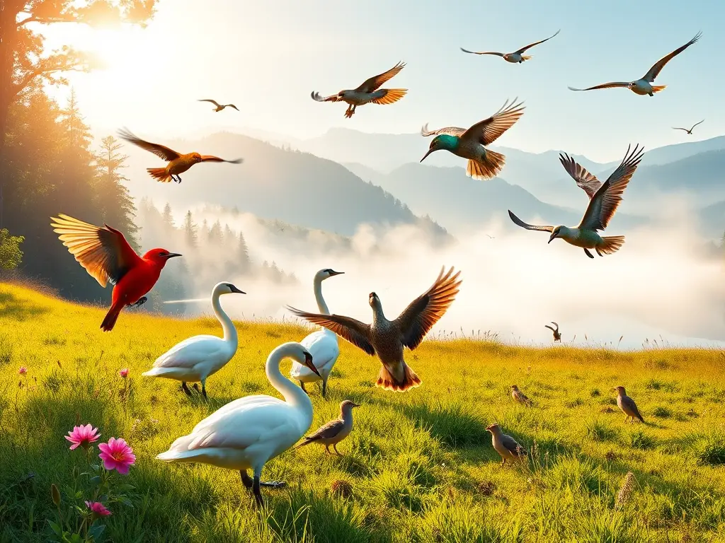 Amanecer en pradera con aves en cortejo