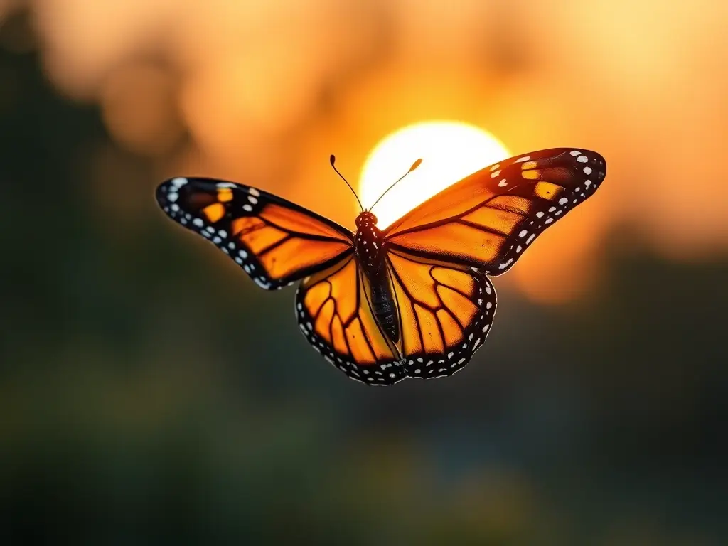 Foto de mariposa monarca en vuelo hacia el amanecer