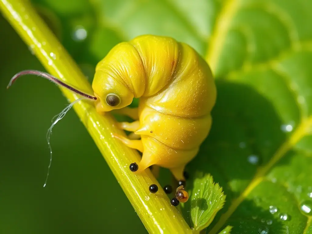 Oruga verde amarilla devora hoja fresca