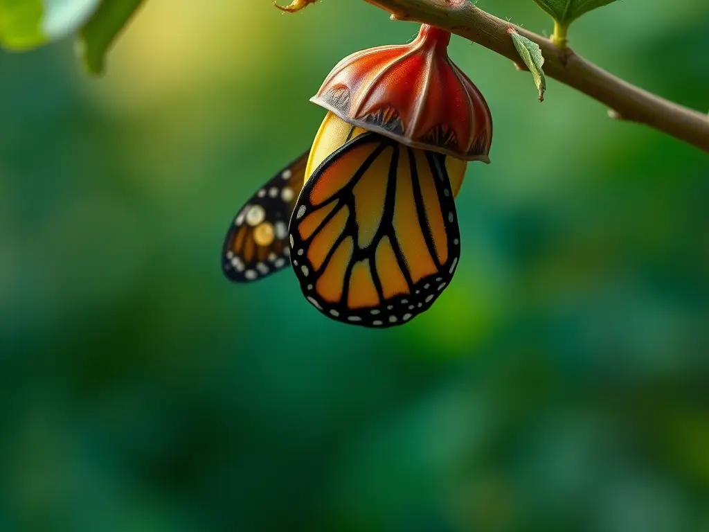 Fotografía realista de pupa de mariposa monarca en 8K