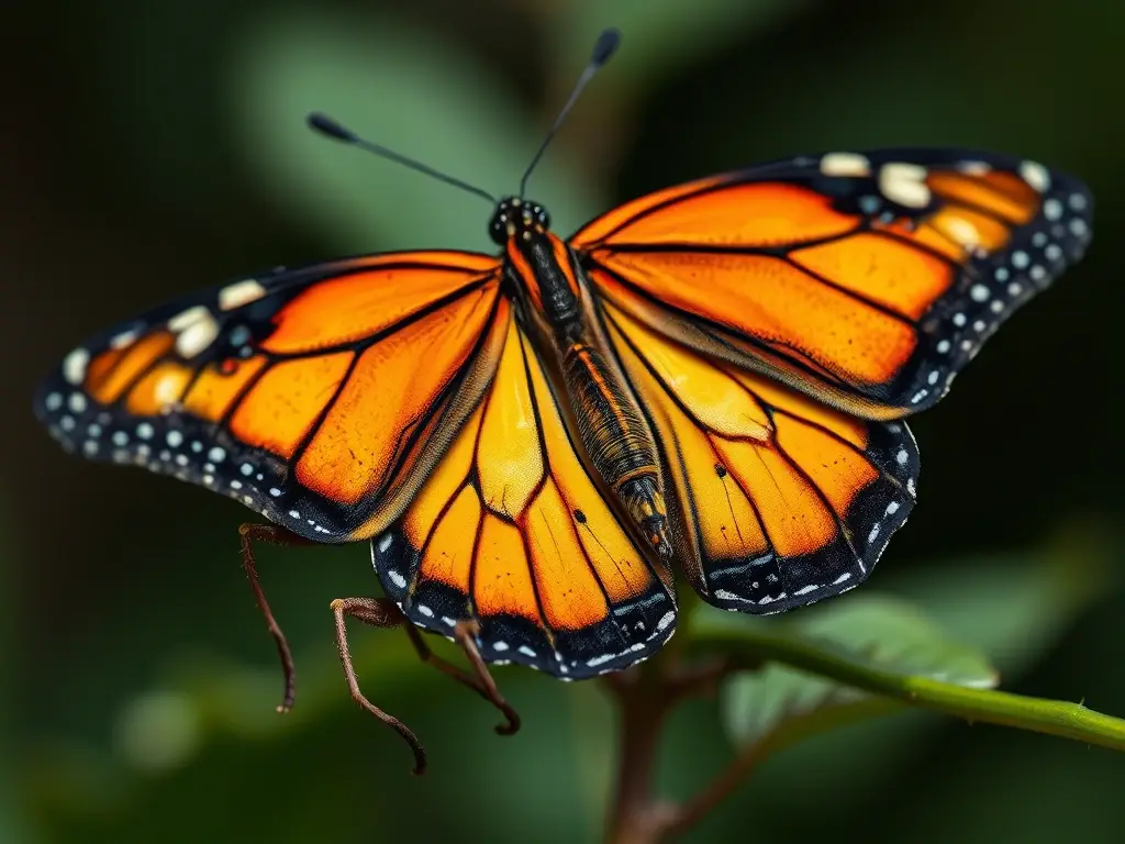 Fotografía fotorealista de mariposa monarca en etapa larval