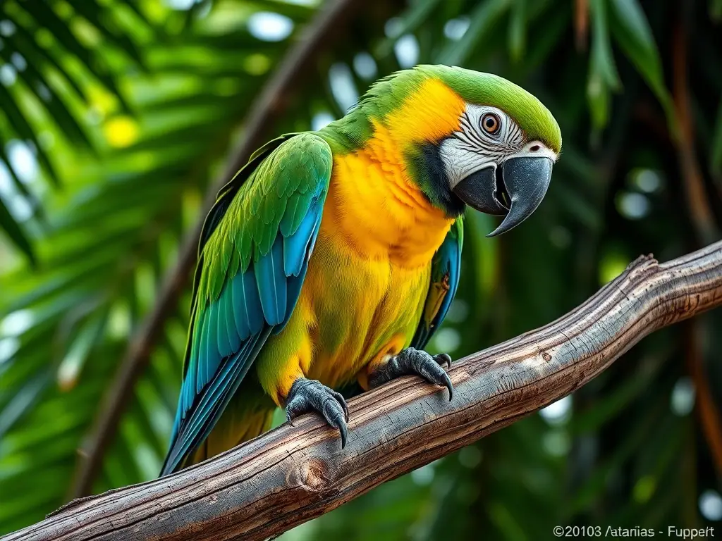 Fotografía realística de un tucano de la cara blanca colombiana con plumas verdes, azules y amarillas, con una pata fracturada