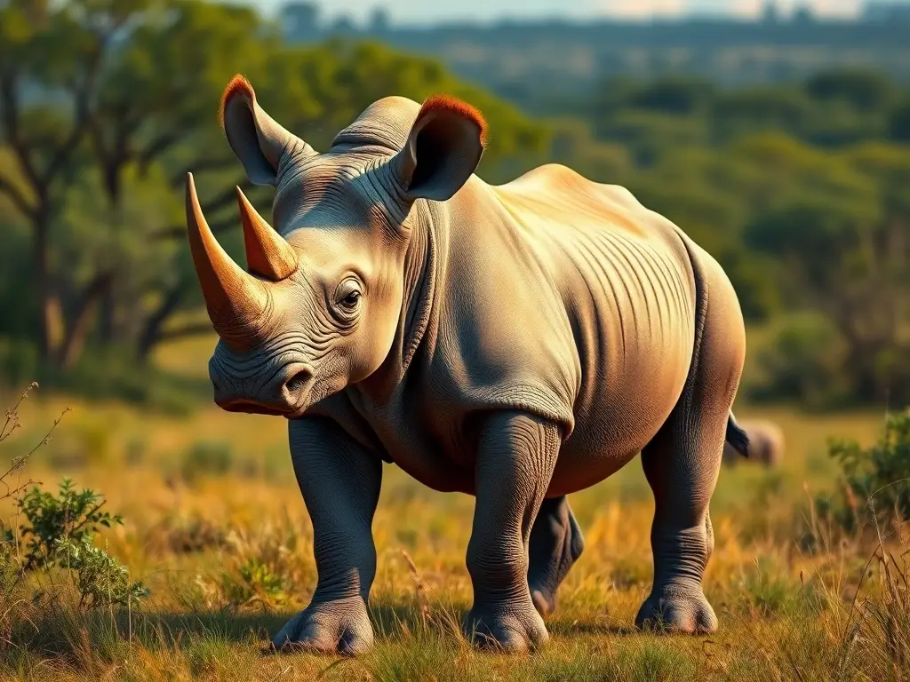 Un majestuoso reflejo realista de un rinoceronte con perfecta simetría en un paisaje africano