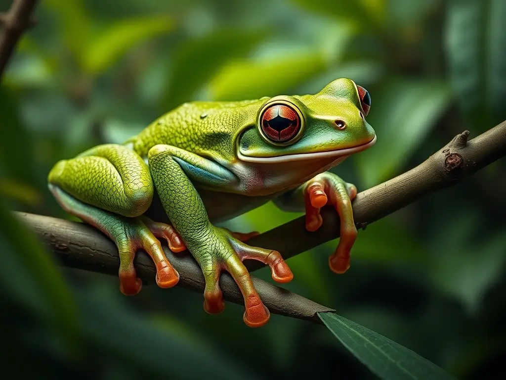 Fotografía realista de una rana verde de árbol, con detalles precisos