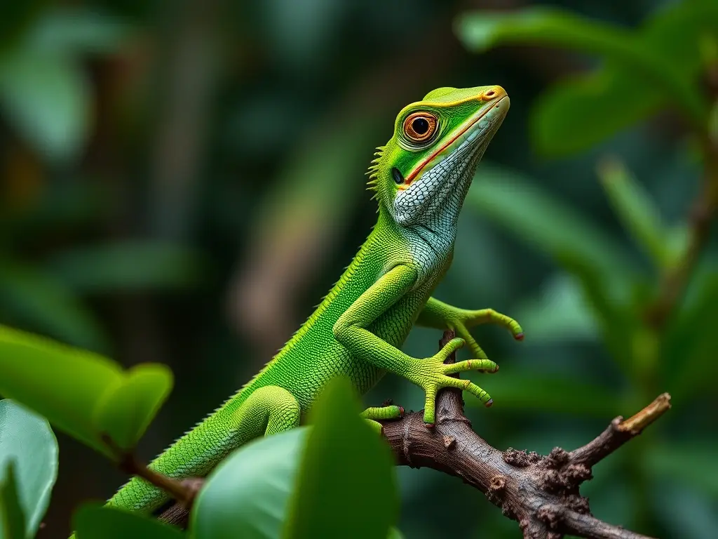 Fotorealistic retrato de anole verde con enfoque preciso y detalles