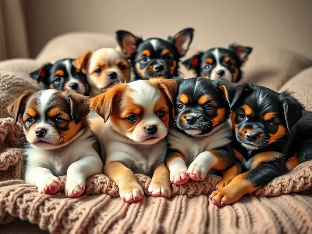 Photorealistic puppies lounging peacefully with a knitted blanket