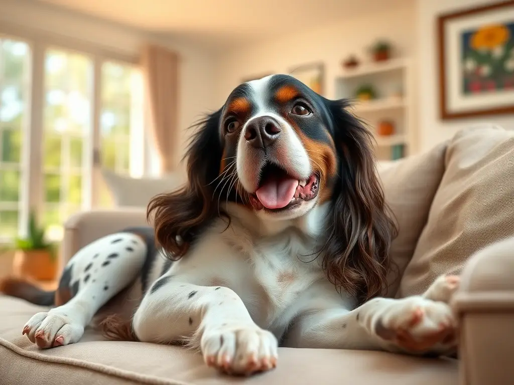 Foto realista de un Springer spaniel feliz en una sala con sol