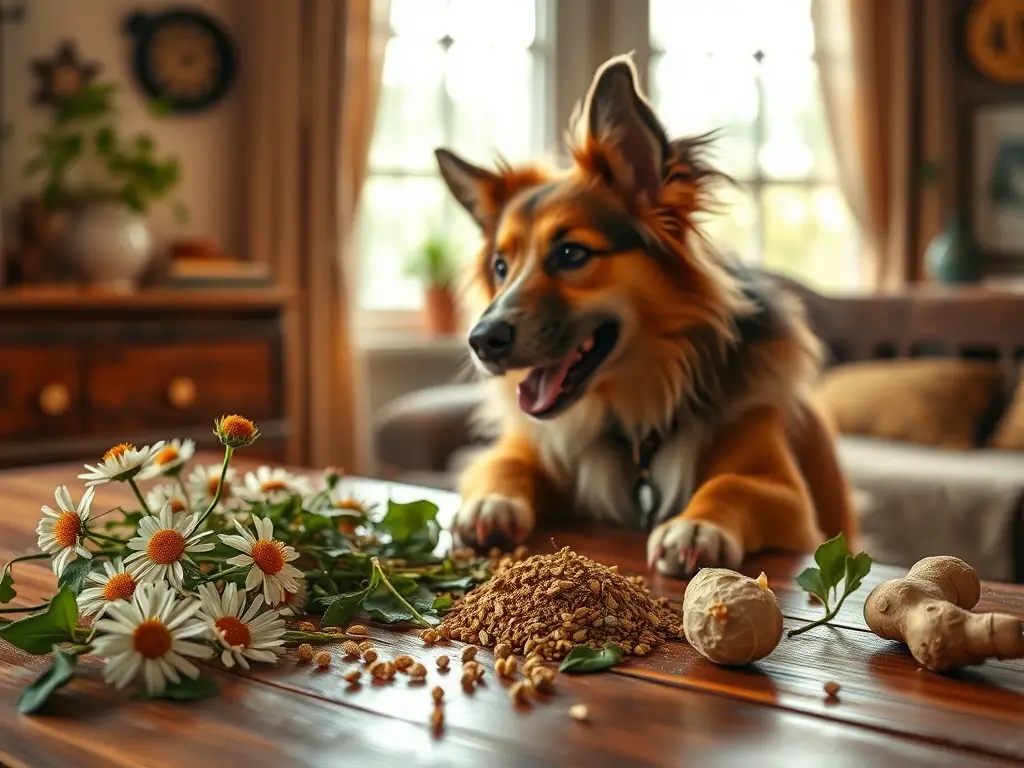 Una obra maestra de alta resolución con un perro jugando con hierbas para aliviar el dolor
