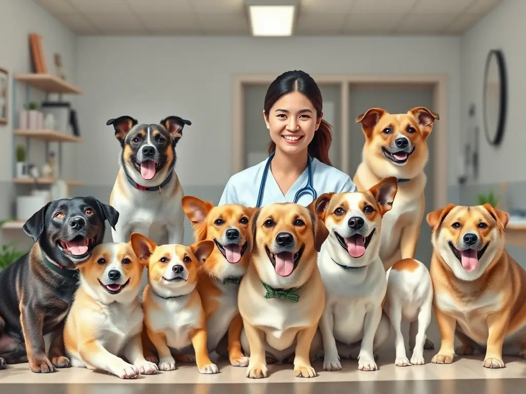 Fotografía realista de una clínica veterinaria con un profesional cariñoso y pacientes felices