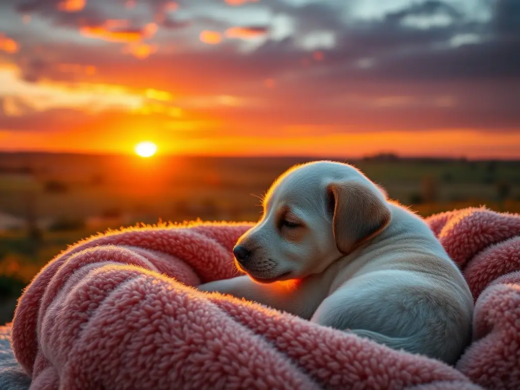 Un pudel, suave y con expresión pacífica, en un atardecer