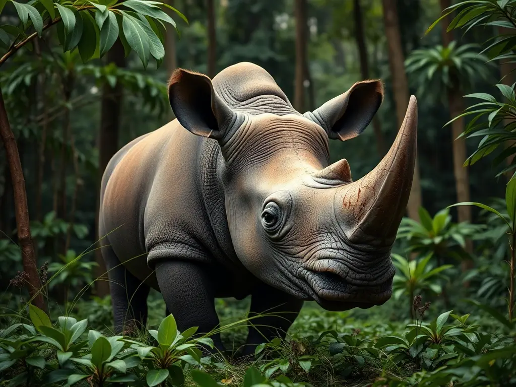 Fotorealista, 8K, retrato de rinoceronte de Java en selva, sin texto