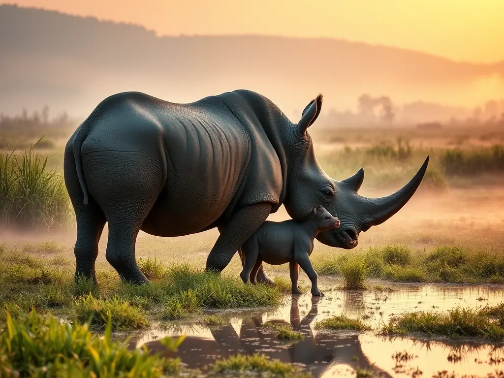 Rinoceronte indio y cría al amanecer