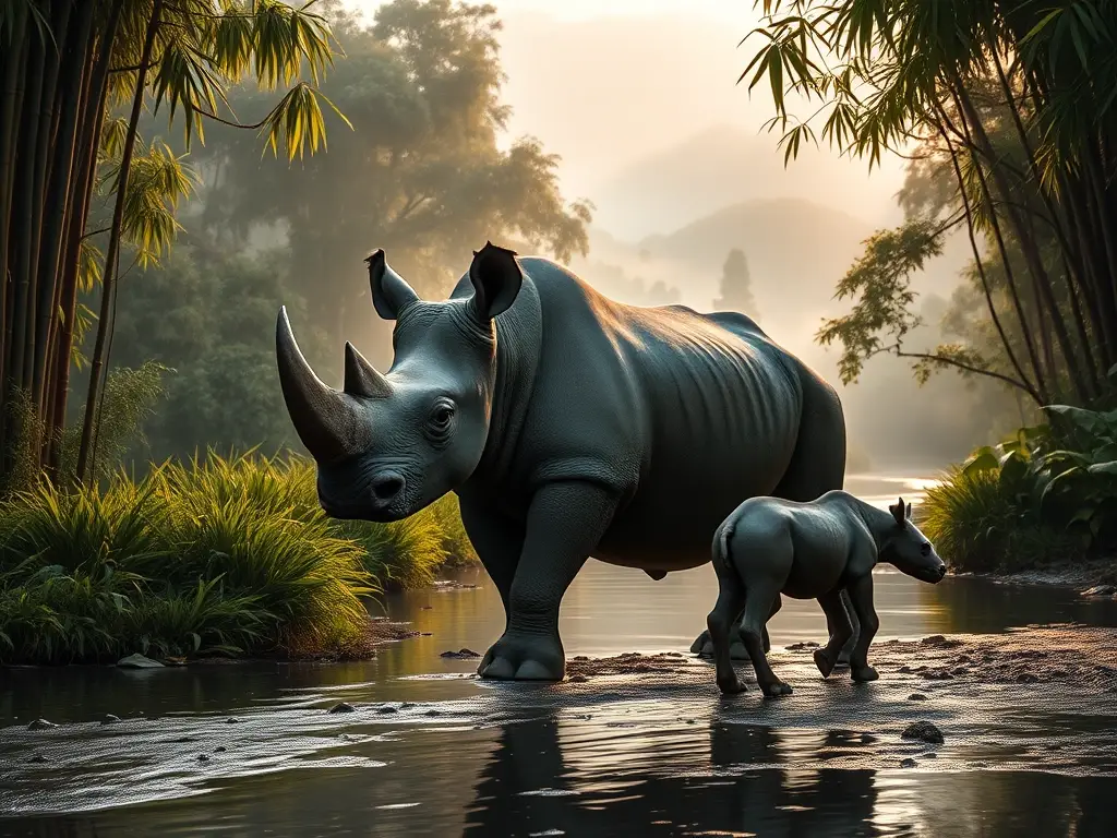 Rinoceronte indio con cría en bosque neblinoso