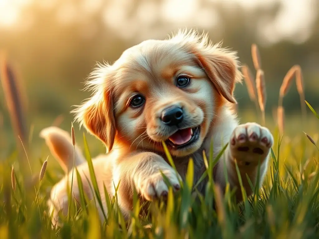 Un cachorro de retriever golden juguetón juega en el pasto