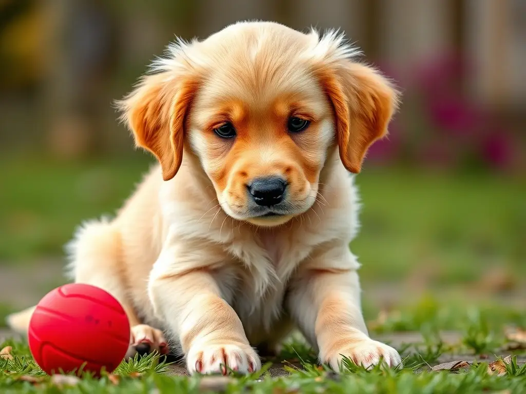Foto realista de un Golden Retriever jugando con un balón rojo
